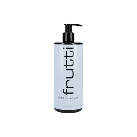 Długa, cylindryczna butelka z fioletowym szamponem Frutti Professional Silver do włosów blond, z czarną pompką i dużym czarnym napisem 'frutti' na białym tle.
